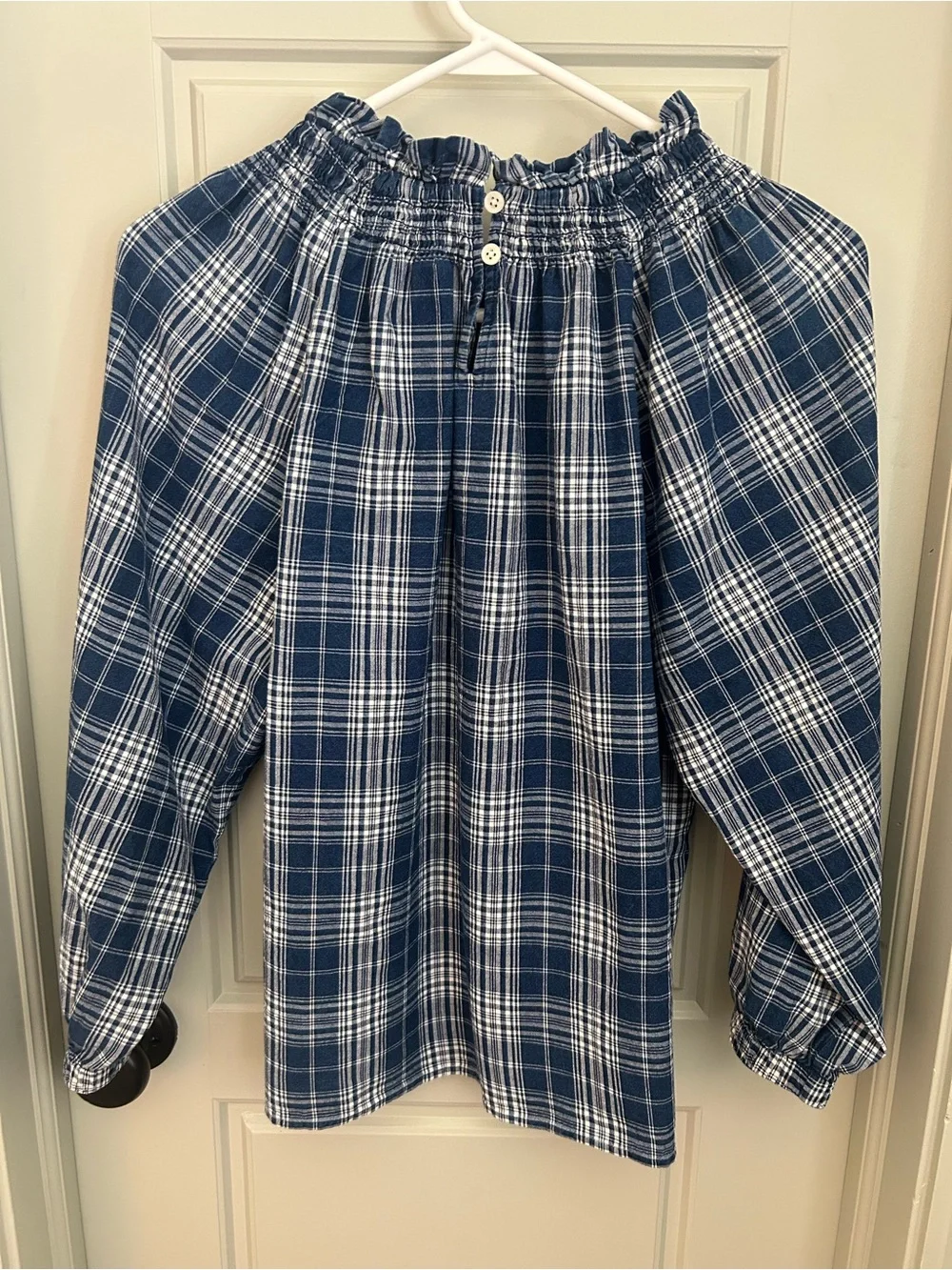 J. Crew Blue and White Plaid Ruffle-Neck Blouse